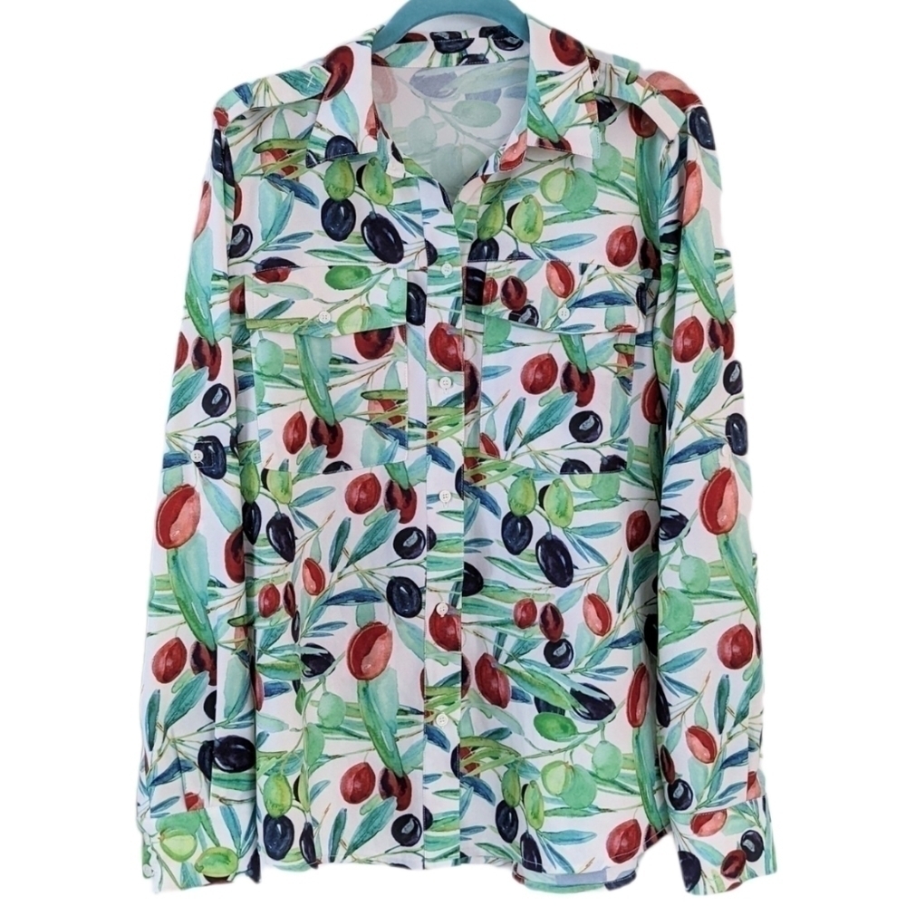 Plumes leafs green purple blouse roll up sleeves  Large B5
